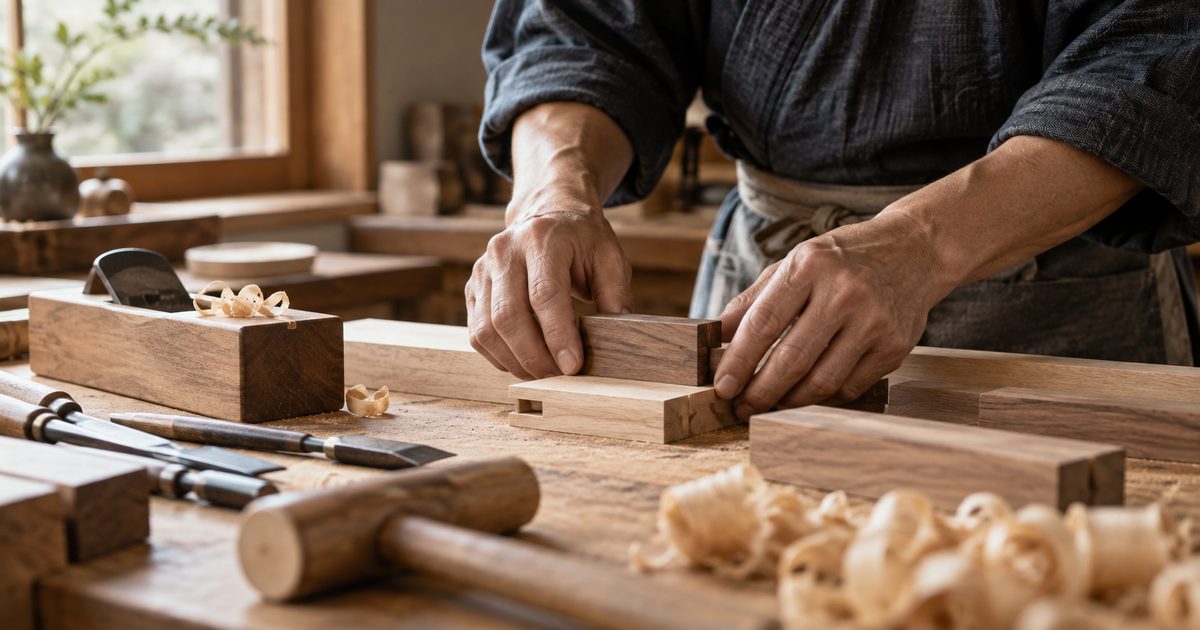 木材と道具を扱う職人の手元
